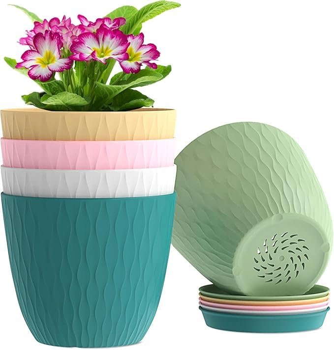 DukanRoad Round Flower Pots With Drainage Hole Saucers | Durable Outdoor Indoor Wave Pattern Planter with Tray | Plant Container for Garden, Office, Balcony and Home (Set of 5, Multicolour)