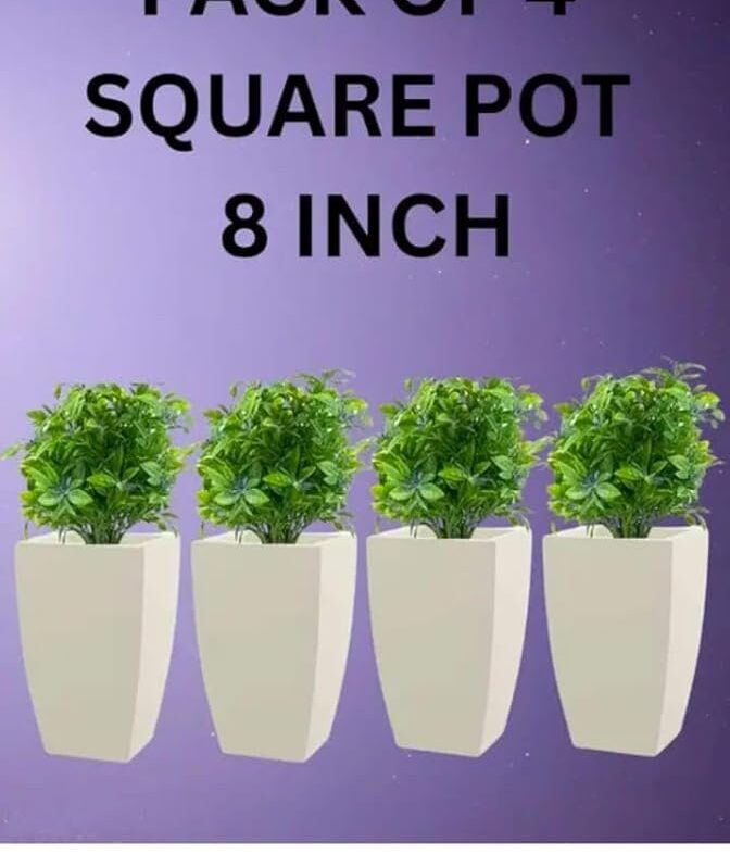 Pack of 4 Square Fiber Tower Planter - 8 - Inch Tall Fiber Tower Pot, Durable, Lightweight Planter for Home Office Garden Balcony Plant (Pack of 4 Pot), White