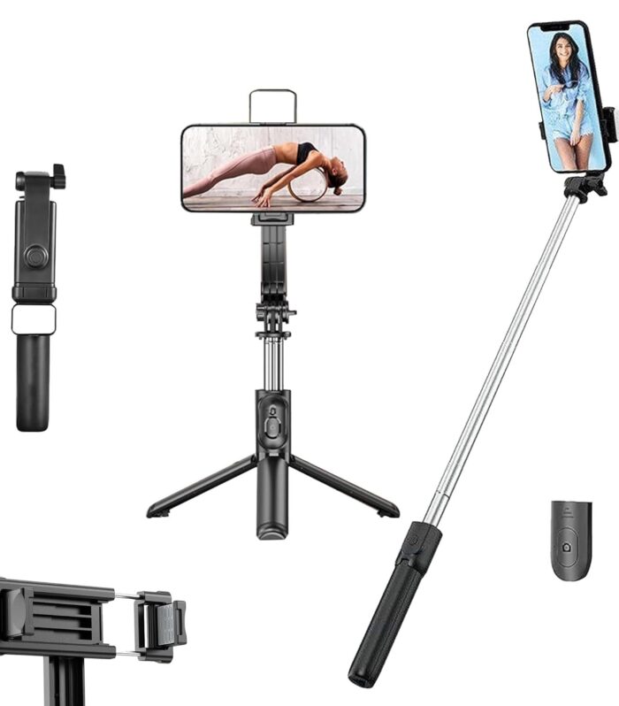 DukanRoad R1S Selfie Stick with Tripod Stand,3 in 1 Multifunctional Design,Rechargeable LED Light with Two Brightness Levels for Make up,Selfie,Vlogging & Photo Shoot,Selfie Stick with Bluetooth Remote
