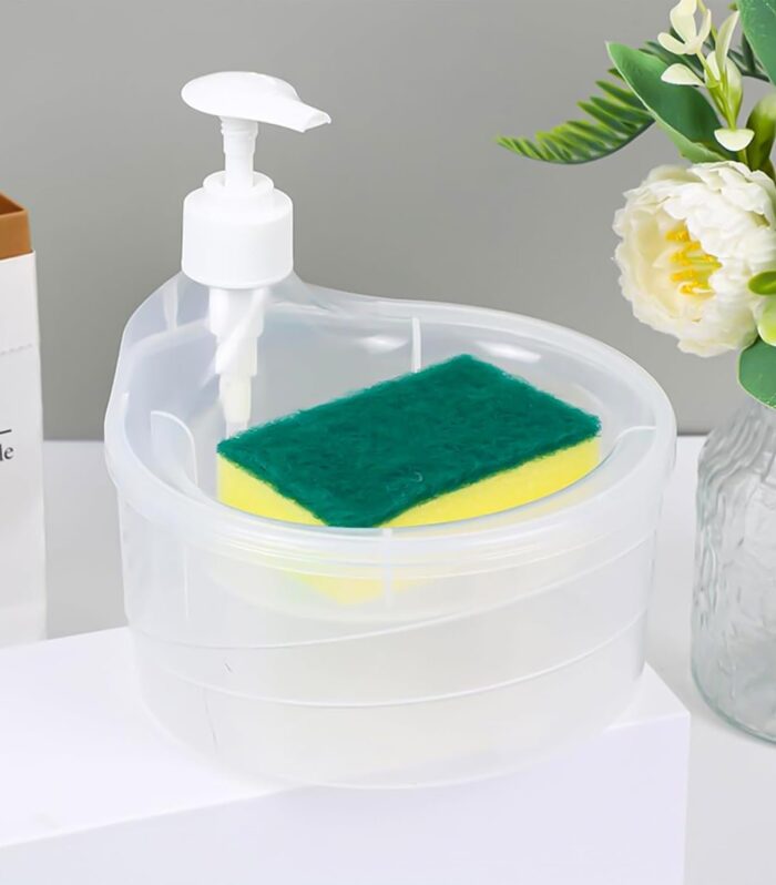 DukanRoad Double Layer Soap Dispenser for Bathroom Accessories Dishwasher Liquid Holder Dispenser Pump with Sponge Holder Kitchen Sink Accessories Items for Home Kitchen Gardening(transaprent mily)