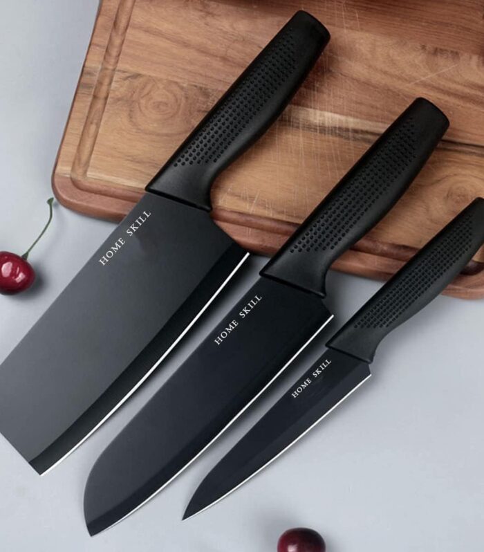 Kitchen Knife Set Stainless Steel 3 Pieces Professional Meat Knife Chef Knife with Non-Slip Ergonomic Handle Sharp Manual Sharpening for Home Kitchen High Carbon Knife Set (Black)